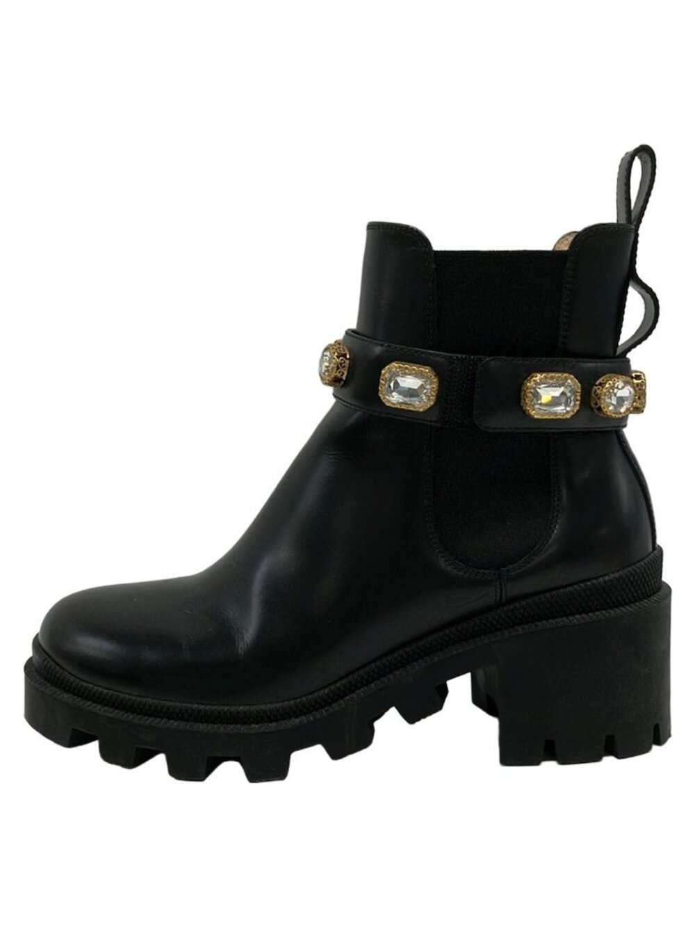 Gucci Short Boots Black Side Gore Bijou Double G Leather